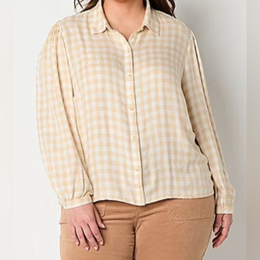 a.n.a Cream Plaid Button-Down Shirt(Length: 25”- Front, 26”- Back Bust 46”)